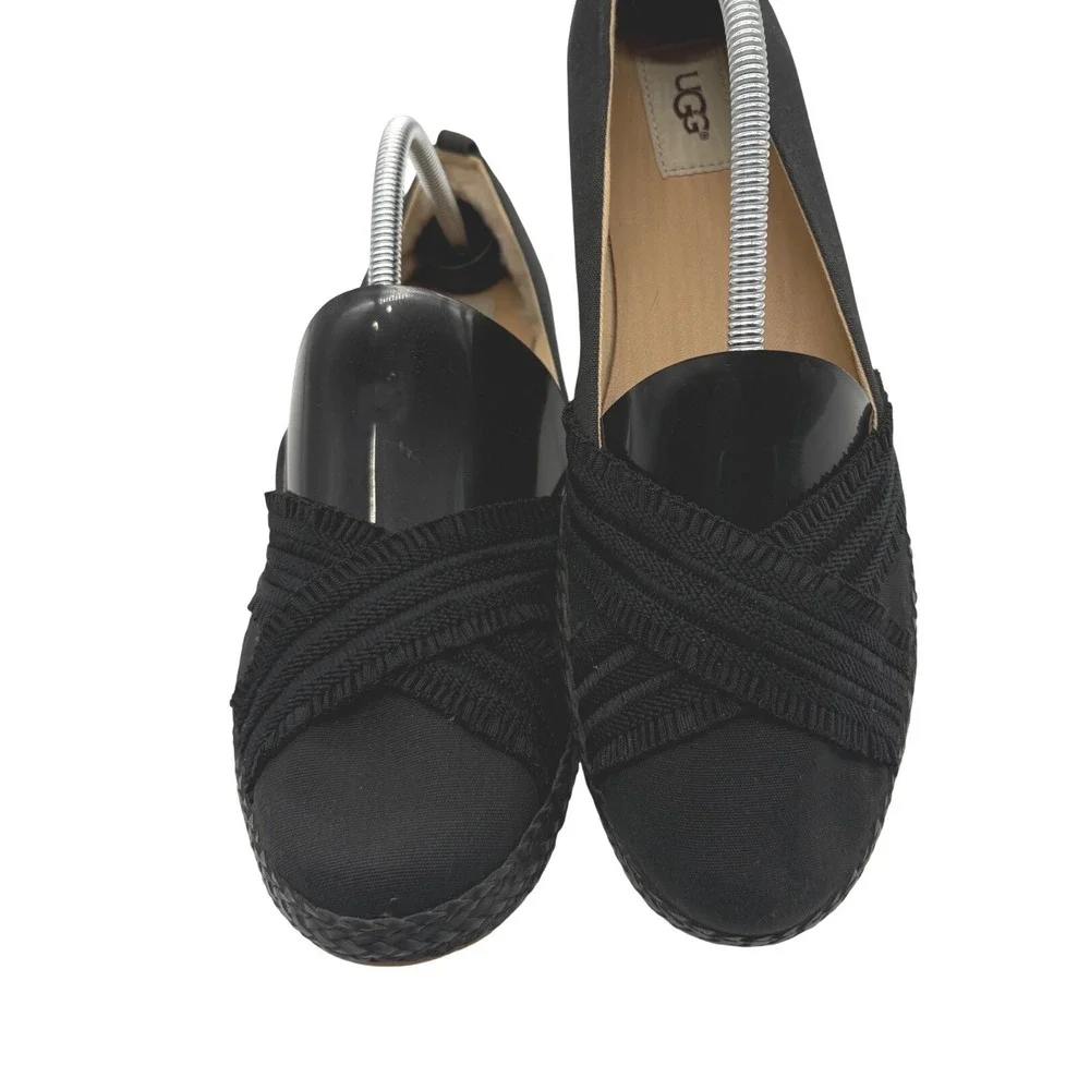 UGG Espadrille Flats Women Size 11 Black Canvas Criss Cross Slip On Casual Shoes